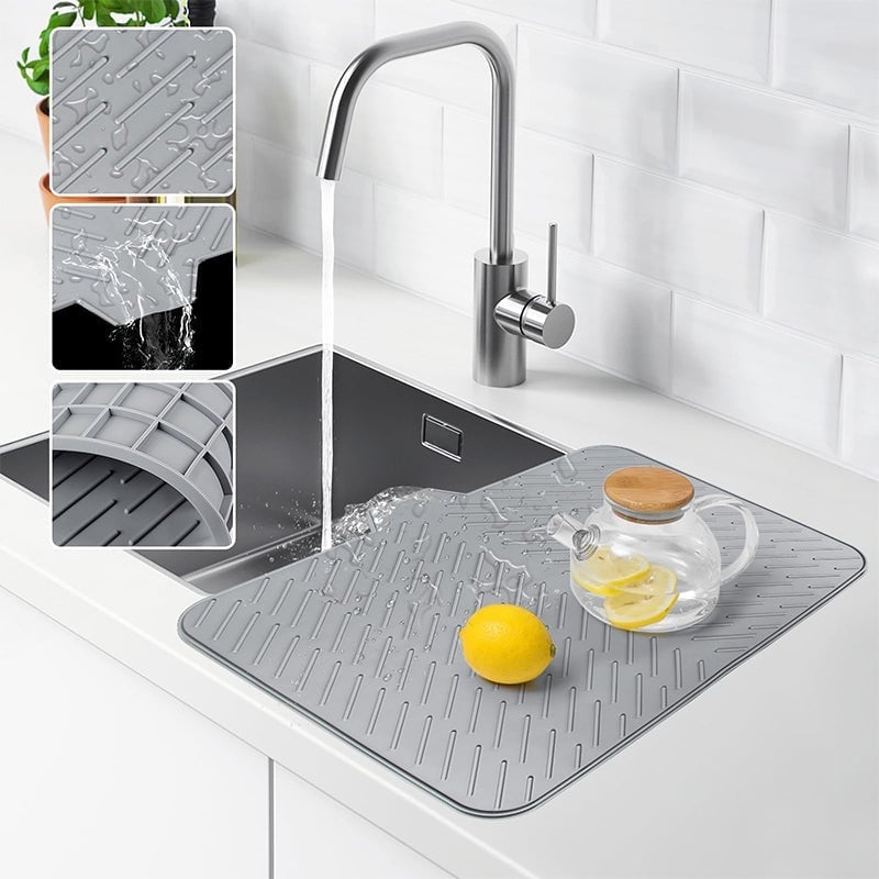 Green silicone drying mat with raised ridges for optimal airflow, keeps kitchen counters dry, easy maintenance