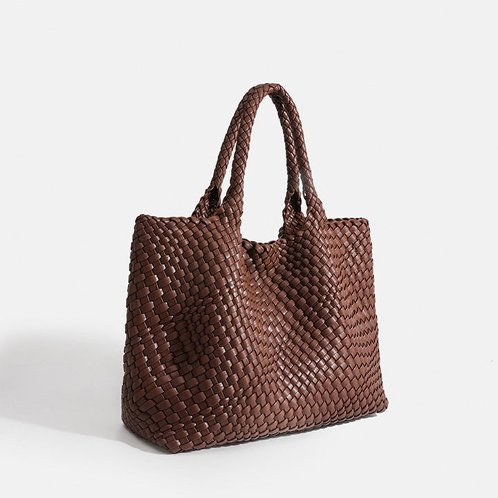 Large woven tote bag for women, stylish & versatile everyday carry shoulder bag.