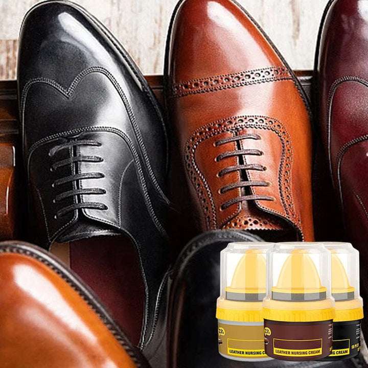Close-up of leather repair cream jar, ideal for shoe polish, furniture care and color restoration