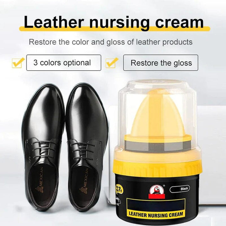 Hand applying leather repair cream to a scuffed brown leather shoe, effective scratch repair & dye