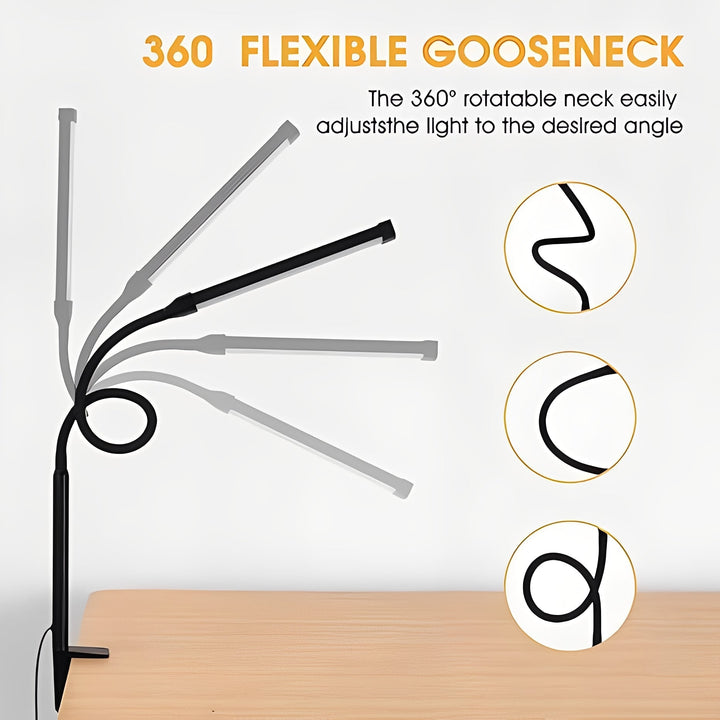 Clamp-on LED reading lamp with a flexible gooseneck. Dimmable 3 color modes for optimal task lighting.