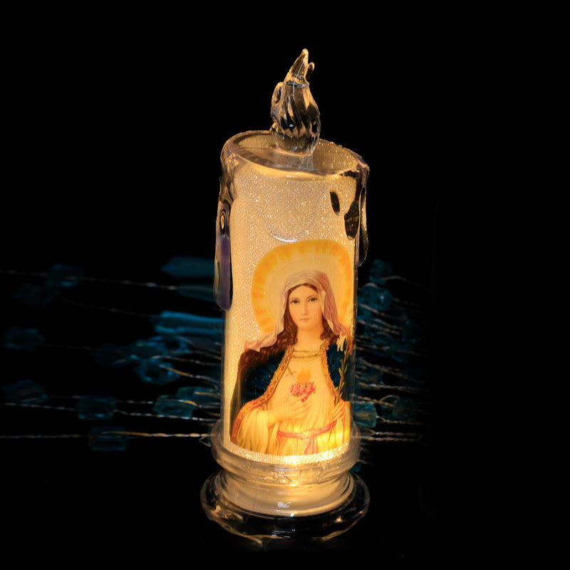 Close-up of the realistic 'flame' of an LED flameless prayer candle, a key feature for decor