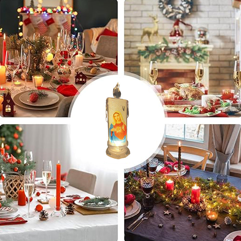 Close-up of an LED prayer candle, showing realistic flickering light for tranquil spiritual decor