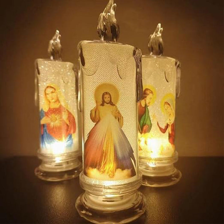 Flameless LED prayer candle on a home altar, providing a safe and serene devotional light