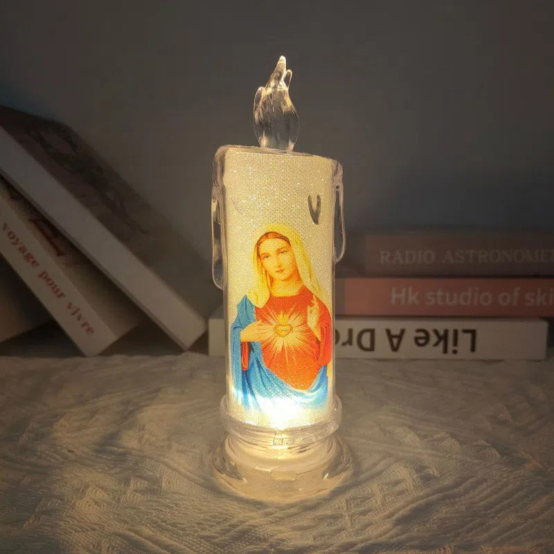 Long-lasting LED flameless prayer candle, a safe alternative for Christian and Catholic decor needs