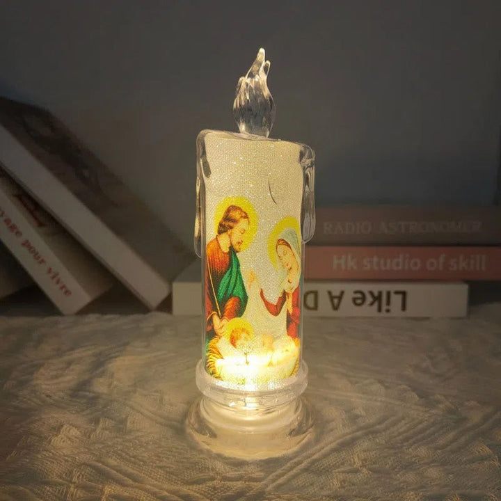 White LED prayer candle casting a soft glow, enhancing the ambiance of any spiritual decor space