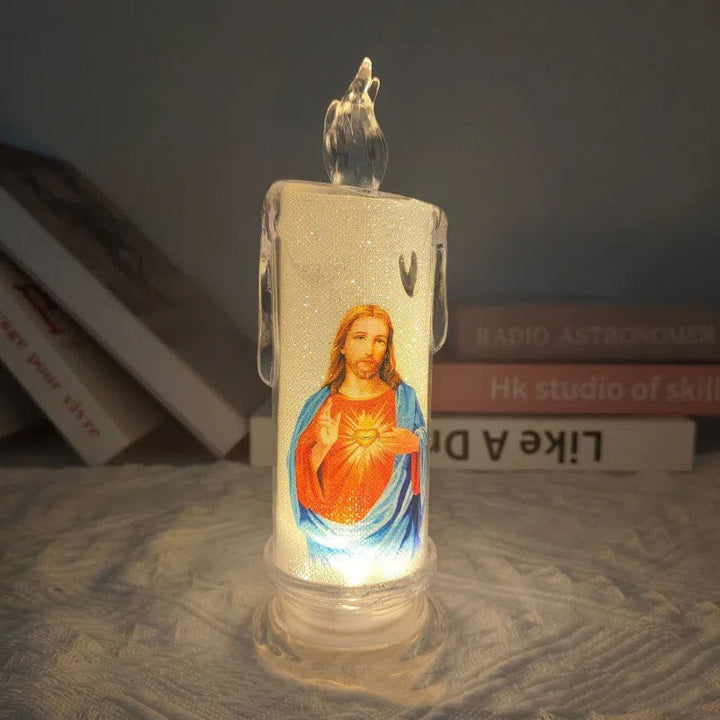 Detailed view of a flameless LED prayer candle base, highlighting its quality for religious gifts