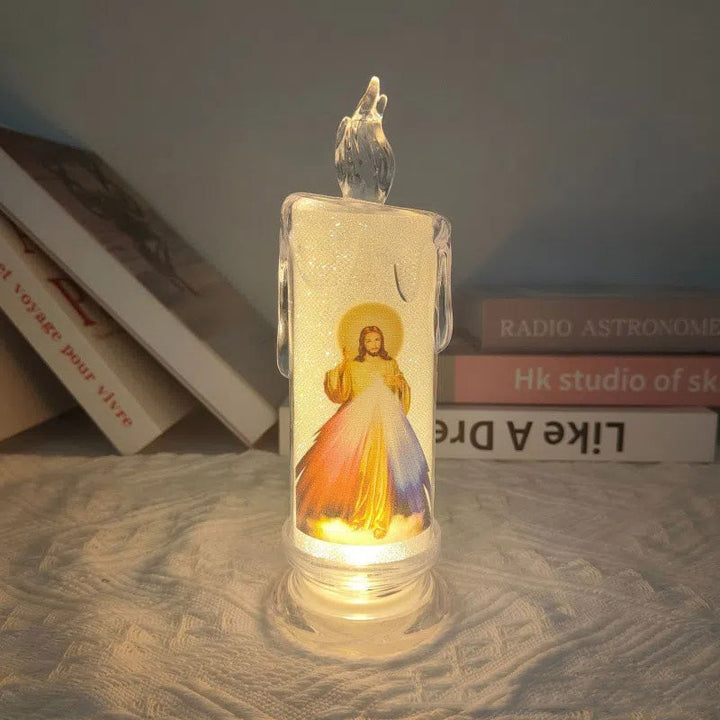 LED prayer candle glowing in a dimly lit room, creating a peaceful scene for spiritual reflection