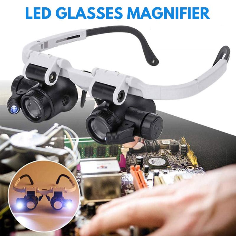 LED headband magnifier glasses with adjustable light, ideal for electronic repair