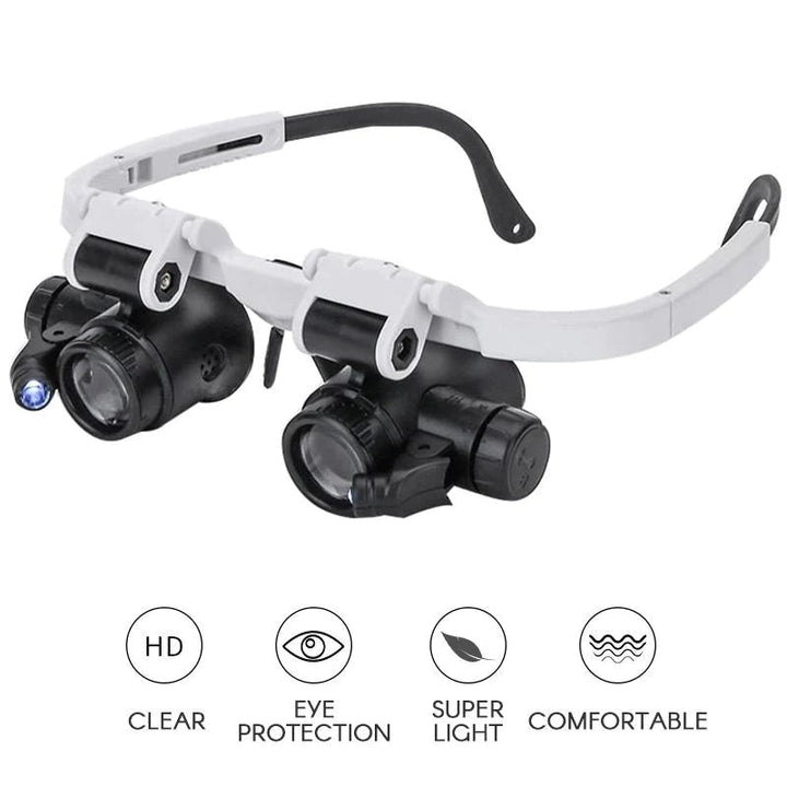 Hands-free LED magnifier glasses with adjustable light for hobby tools & crafts