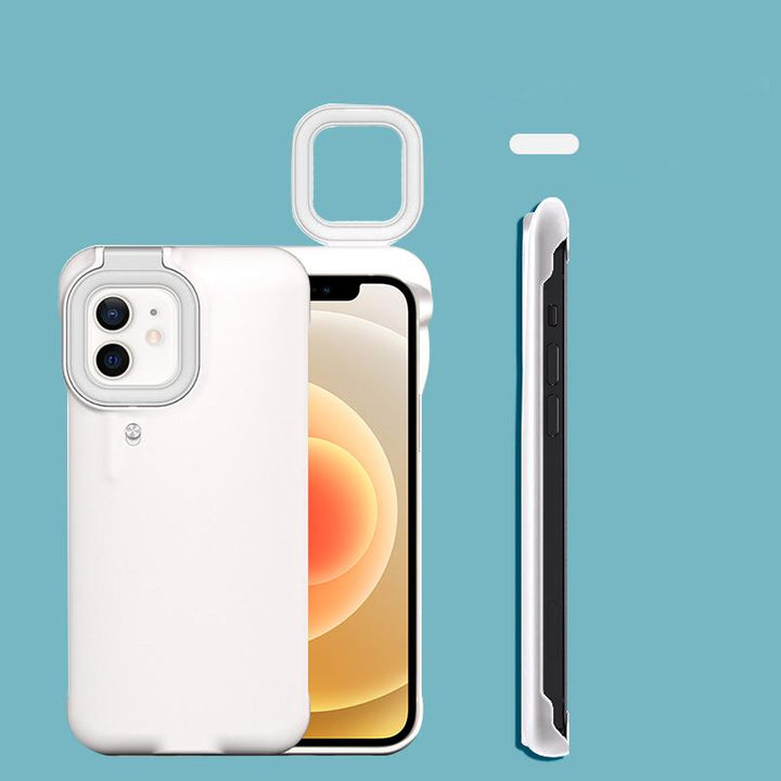 Sleek iPhone case with integrated LED lighting, designed as a selfie accessory for clear, vibrant images