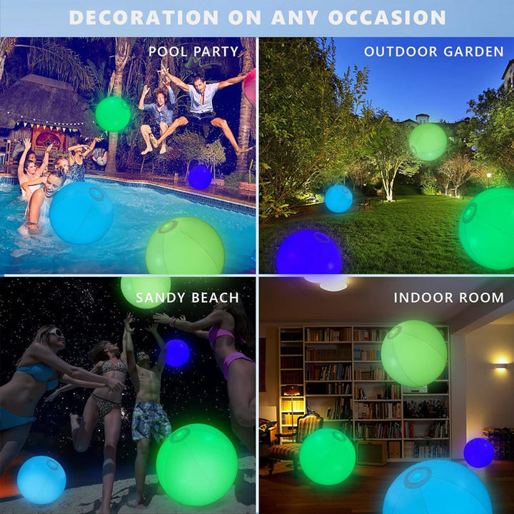 LED Beach Ball floating in a swimming pool, adding luminous outdoor decor