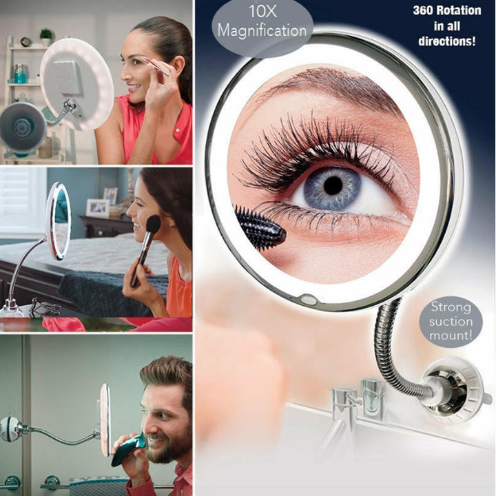 Close-up of LED lit magnifying mirror with adjustable gooseneck for detailed makeup application
