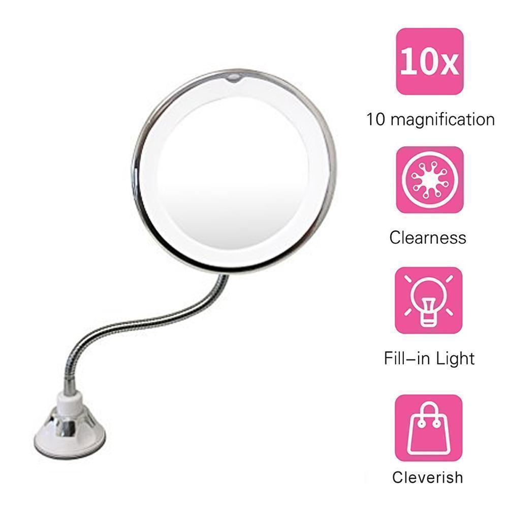 Detailed view of the LED light ring on a magnifying gooseneck makeup mirror, bright illumination