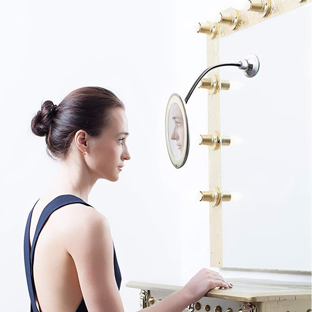 Compact LED magnifying mirror with a flexible arm, perfect for travel and daily beauty routines