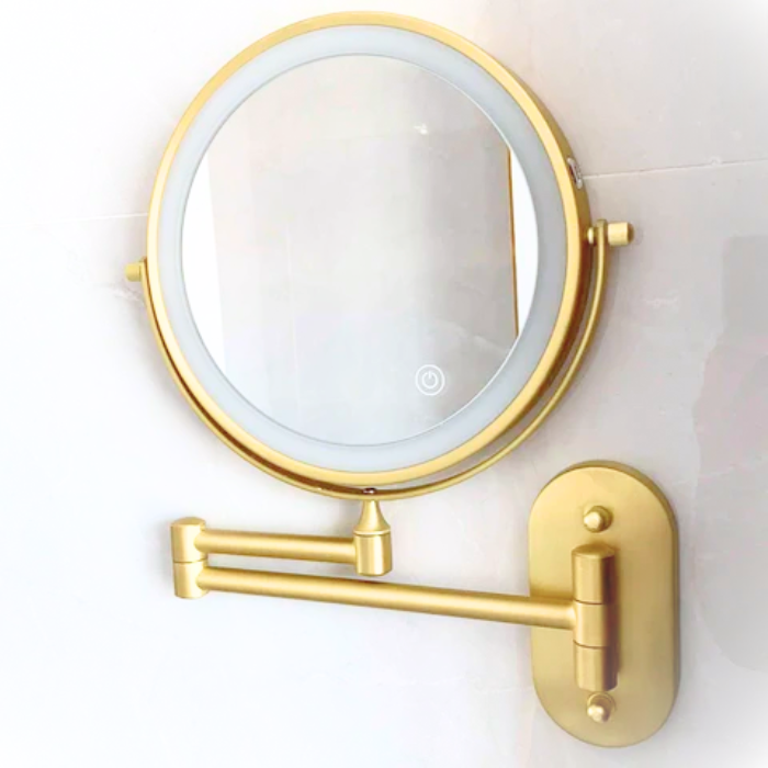 Portable LED beauty mirror with 3x magnifying mirror and touch control dimmable lights. Ideal for cosmetics.