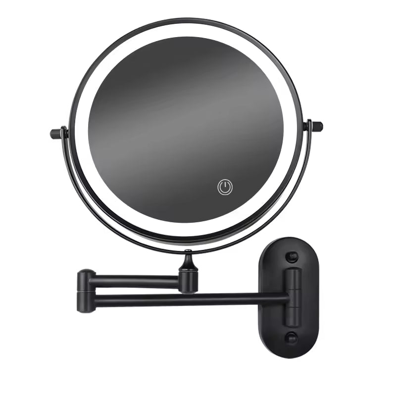 Close-up of a white LED makeup mirror, showing bright dimmable lights and 3x magnification detail.