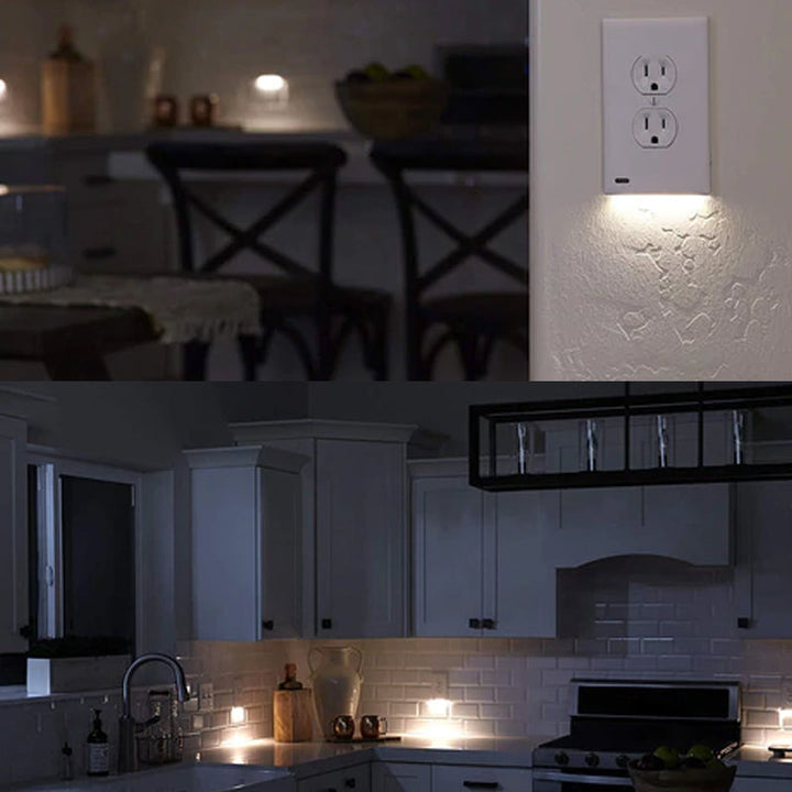 Sleek white LED night light outlet cover plate, providing soft glow without blocking the second outlet