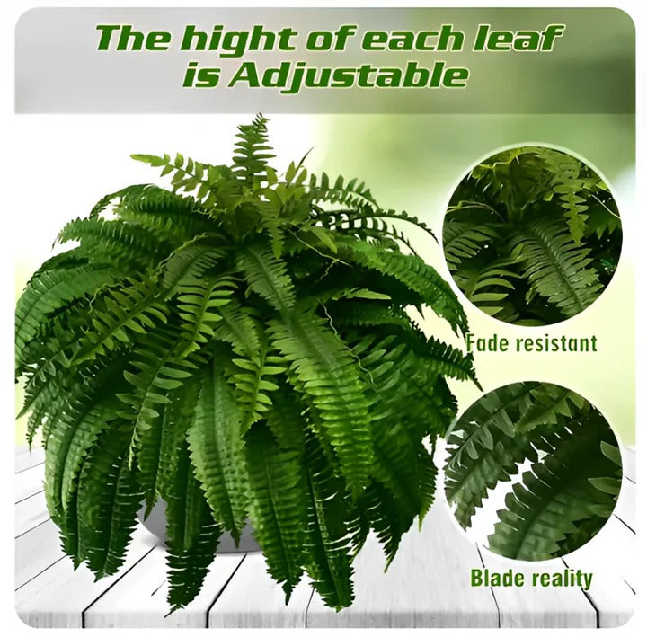 UV resistant artificial Boston fern for outdoor porch, patio, or balcony decor. Realistic fake greenery.
