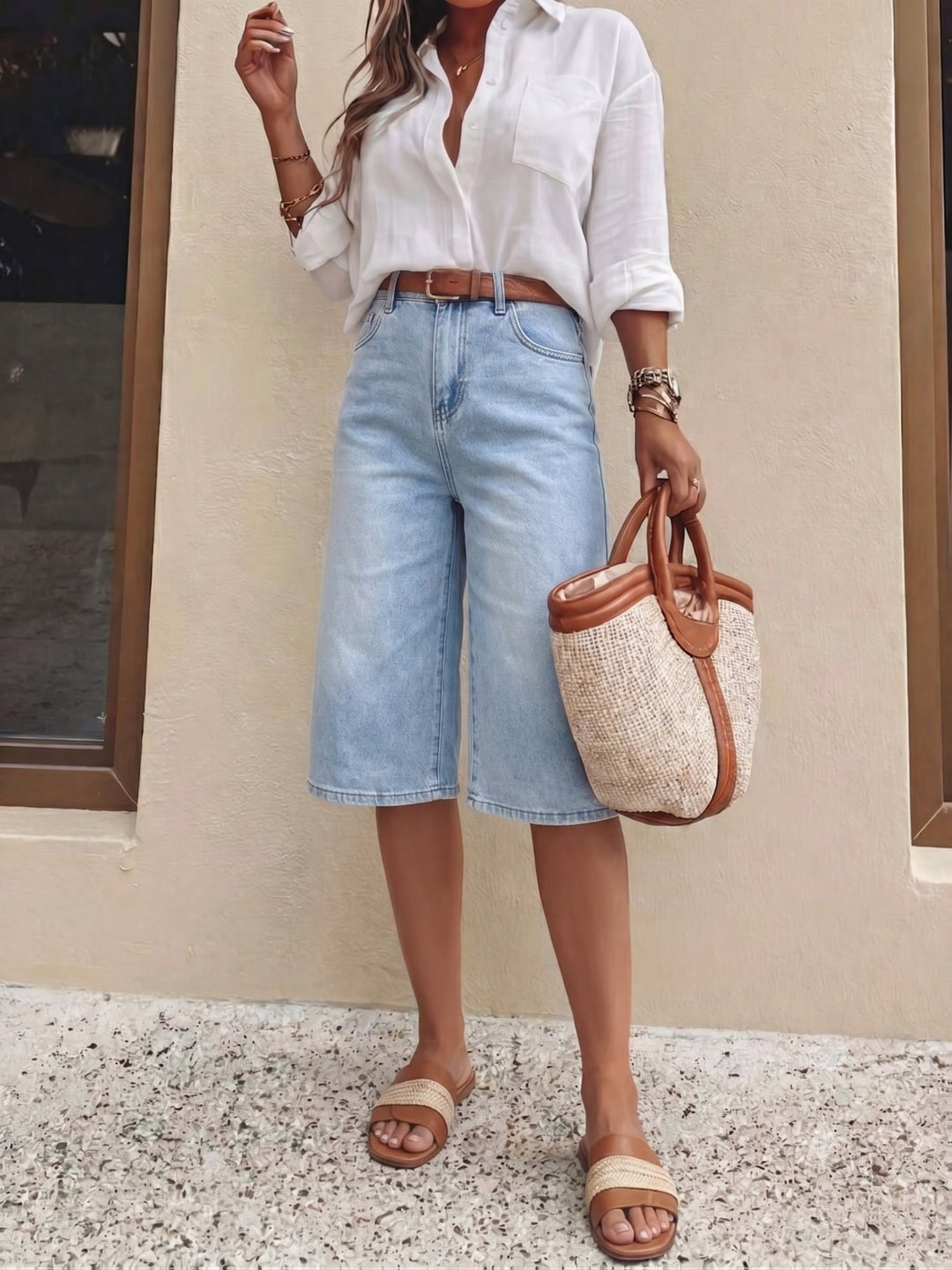 Women's light blue high waist wide leg culotte shorts, comfortable & stylish for spring and summer fashion.