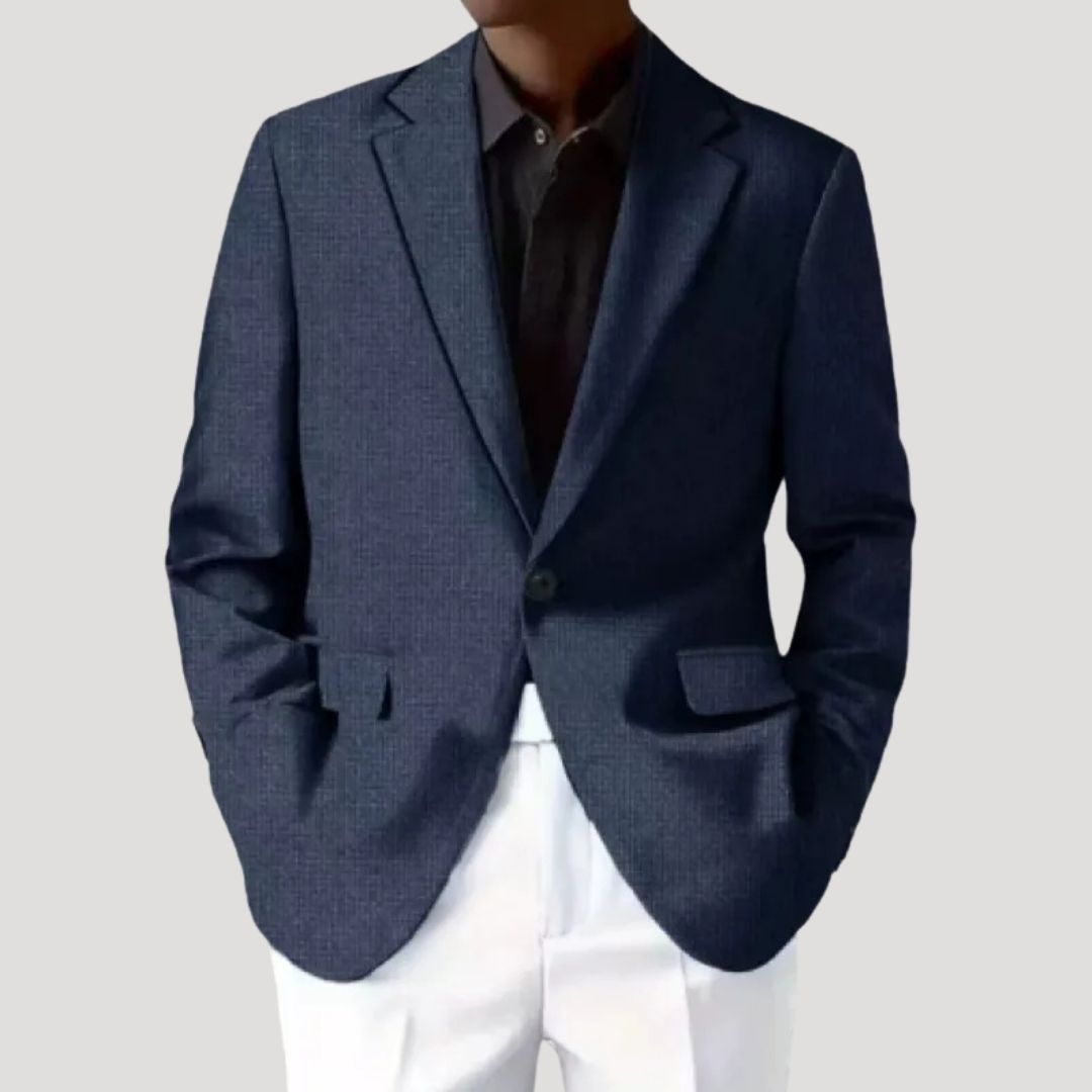Front view of a light blue textured men's blazer, suitable for various casual outfits