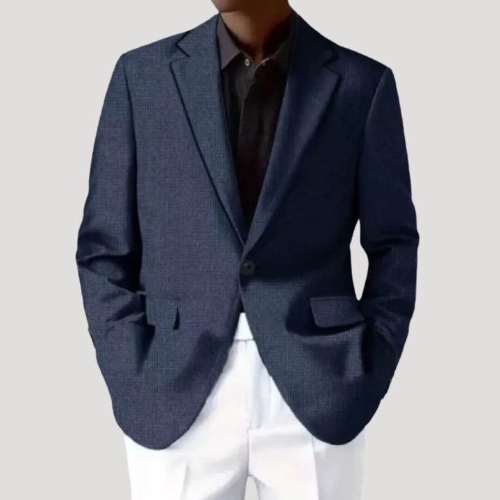 Front view of a light blue textured men's blazer, suitable for various casual outfits