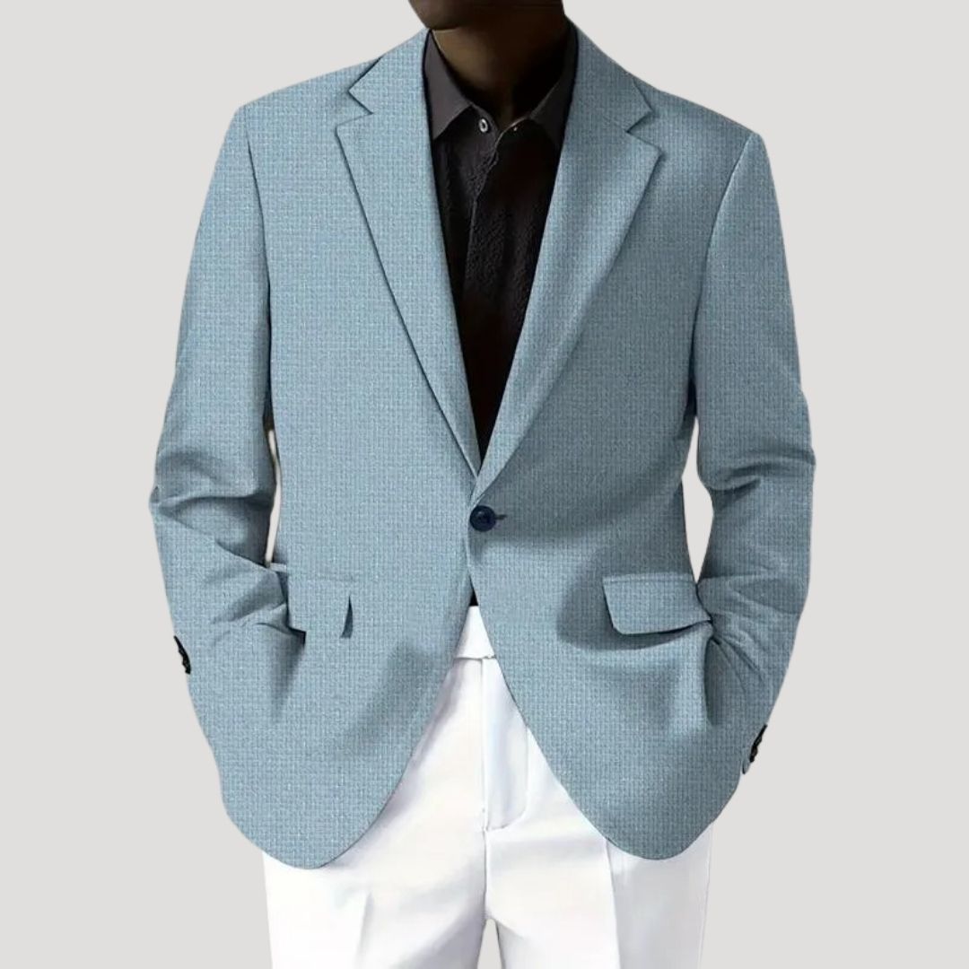 Light blue textured blazer for men, offering a refined casual jacket option with a tailored cut