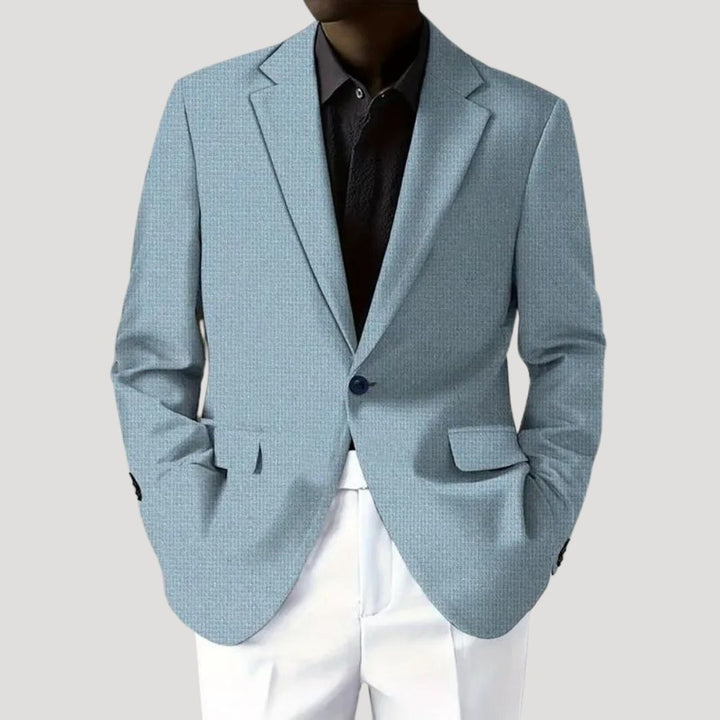Light blue textured blazer for men, offering a refined casual jacket option with a tailored cut