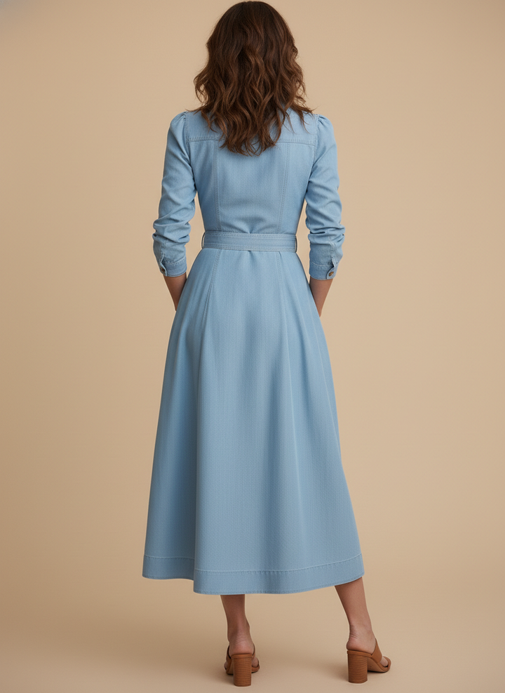 Women's collared long sleeve belted midi shirt dress in a light blue hue, featuring a flattering fit & flare silhouette.