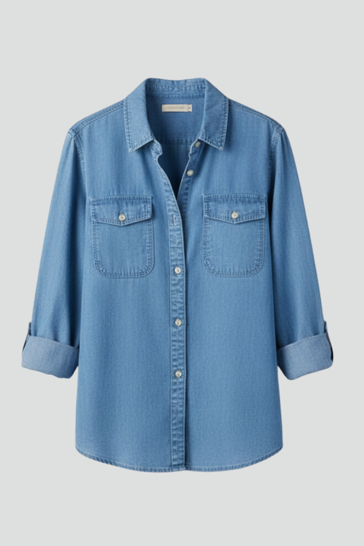 Light blue women's classic button-front long-sleeve shirt for effortless everyday wear and comfort.