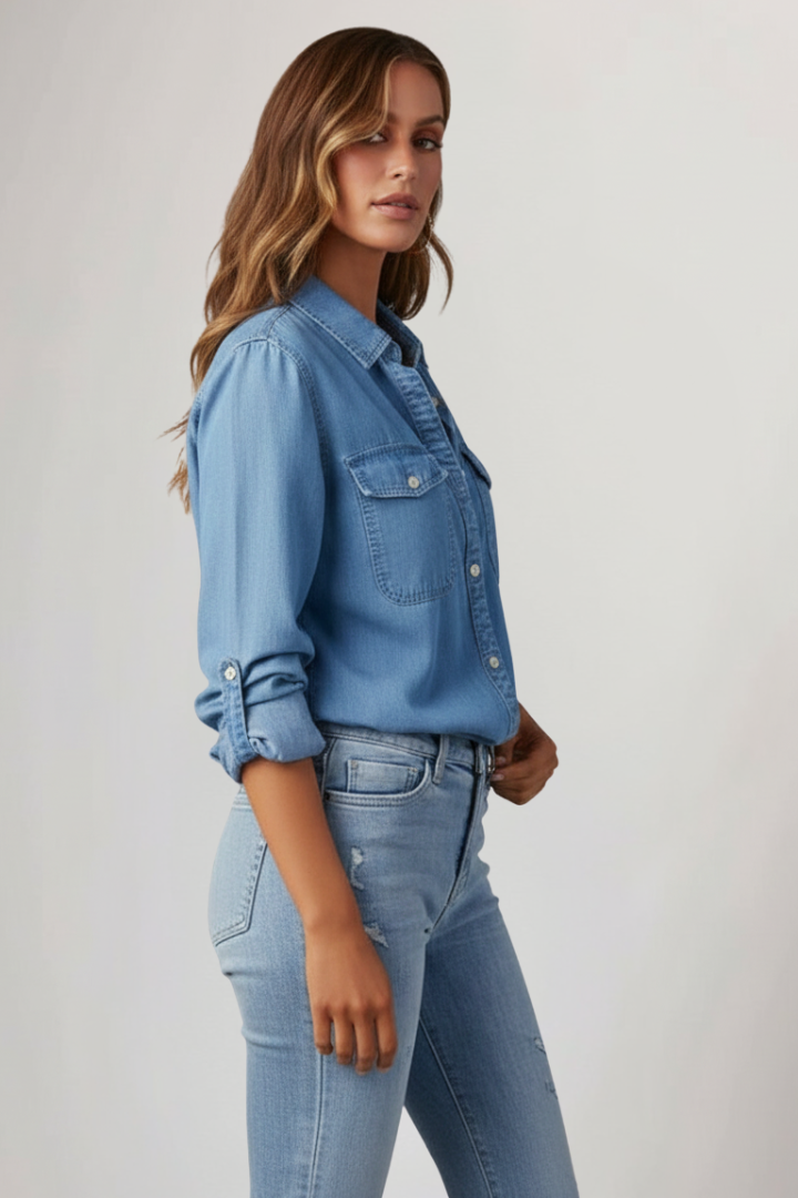 Comfortable light blue women's button-front shirt with long sleeves, offering classic style for daily wear.