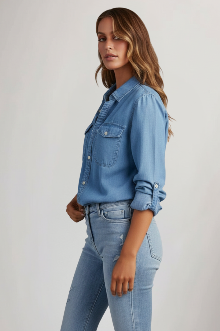 Soft classic blue women's long-sleeve shirt, button-front design for versatile and comfortable everyday fashion.
