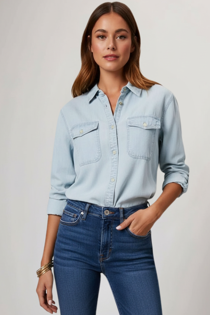 Classic style women's light blue button-front shirt, a comfortable long-sleeve casual top for timeless everyday fashion.