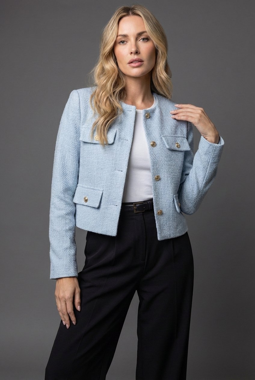 Light blue women's textured cropped blazer, collarless with gold buttons. Perfect for smart casual or professional wear.