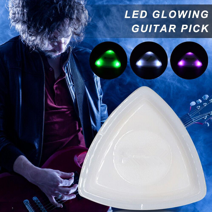 Assortment of Light Up Guitar Picks in various colors (red, blue, green), ready for musical performance.