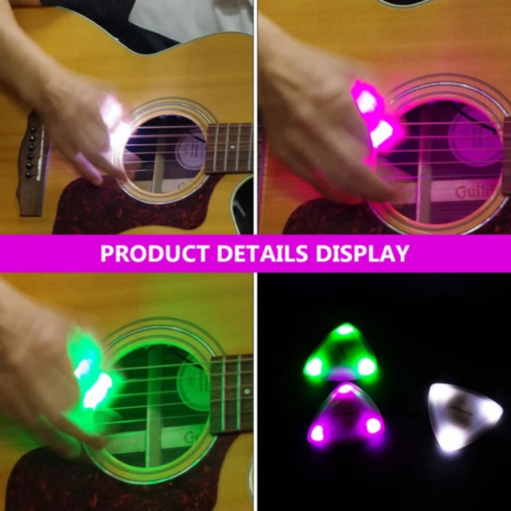 Glowing guitar pick on a dark stage, highlighting the unique light-up feature for guitarists.