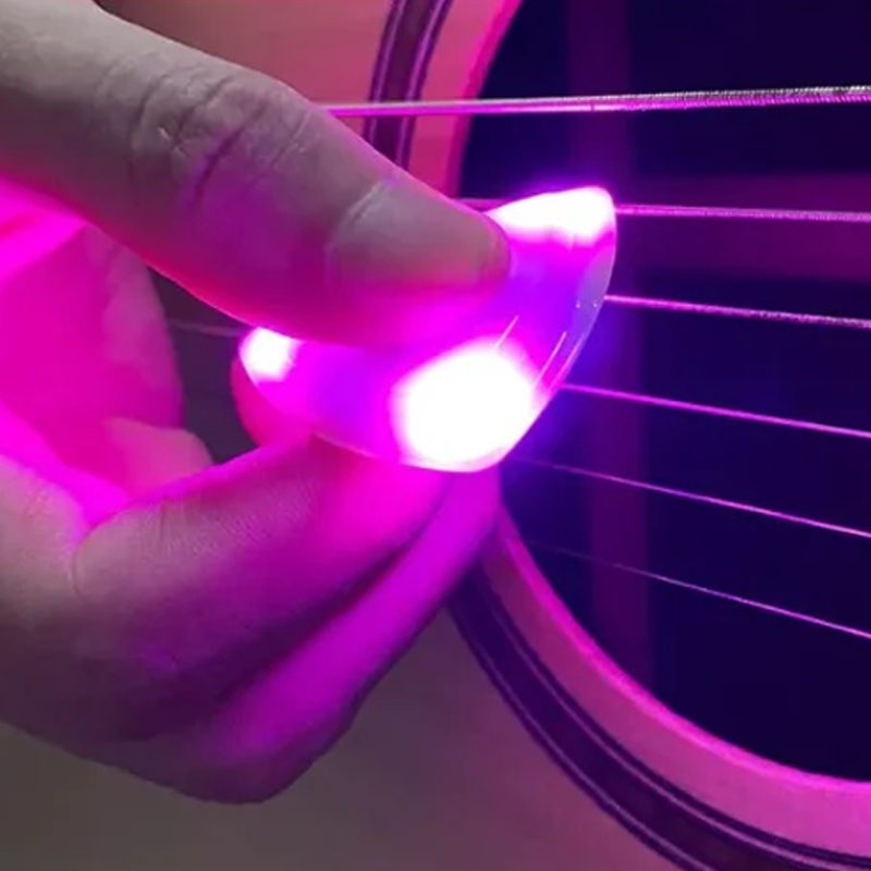Light Up Guitar Pick set, including a charging cable and different color options, ideal musician gift.