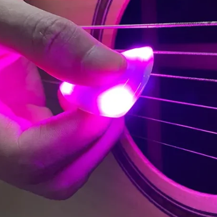 Light Up Guitar Pick set, including a charging cable and different color options, ideal musician gift.