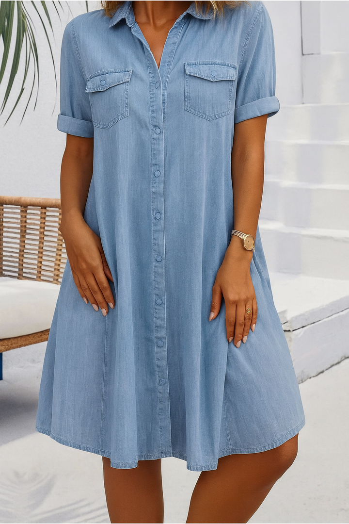 Lightweight denim-look shirt dress for women, perfect for effortless casual style & everyday wear.