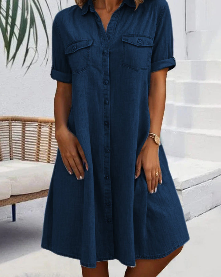 Black lightweight denim-look shirt dress for women, a stylish casual button-down for fall outfits.