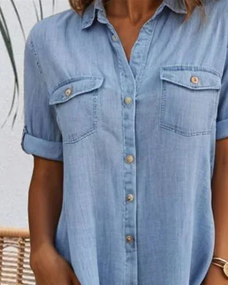 Dark blue women's lightweight denim-look shirt dress, ideal for versatile everyday casual wear.