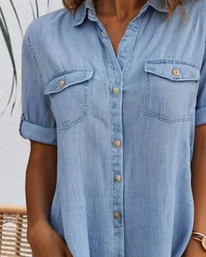 Dark blue women's lightweight denim-look shirt dress, ideal for versatile everyday casual wear.