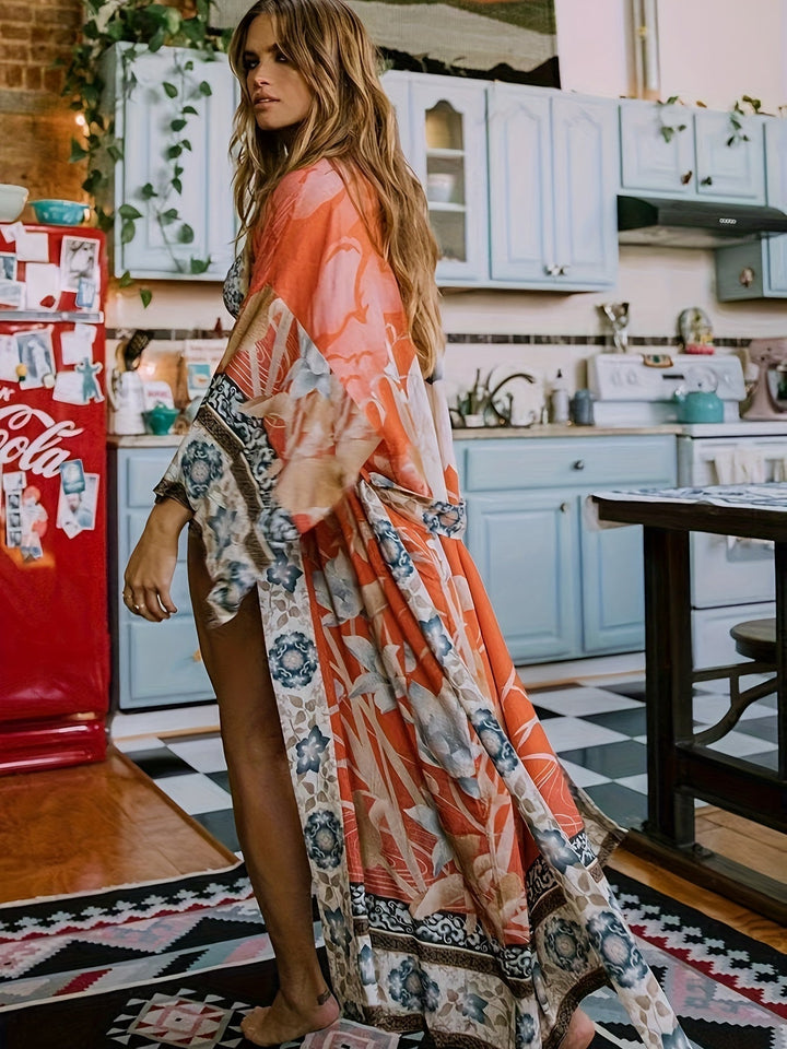 Lightweight women's floral print resort kimono, perfect beach cover-up for summer vacation & boho chic style.