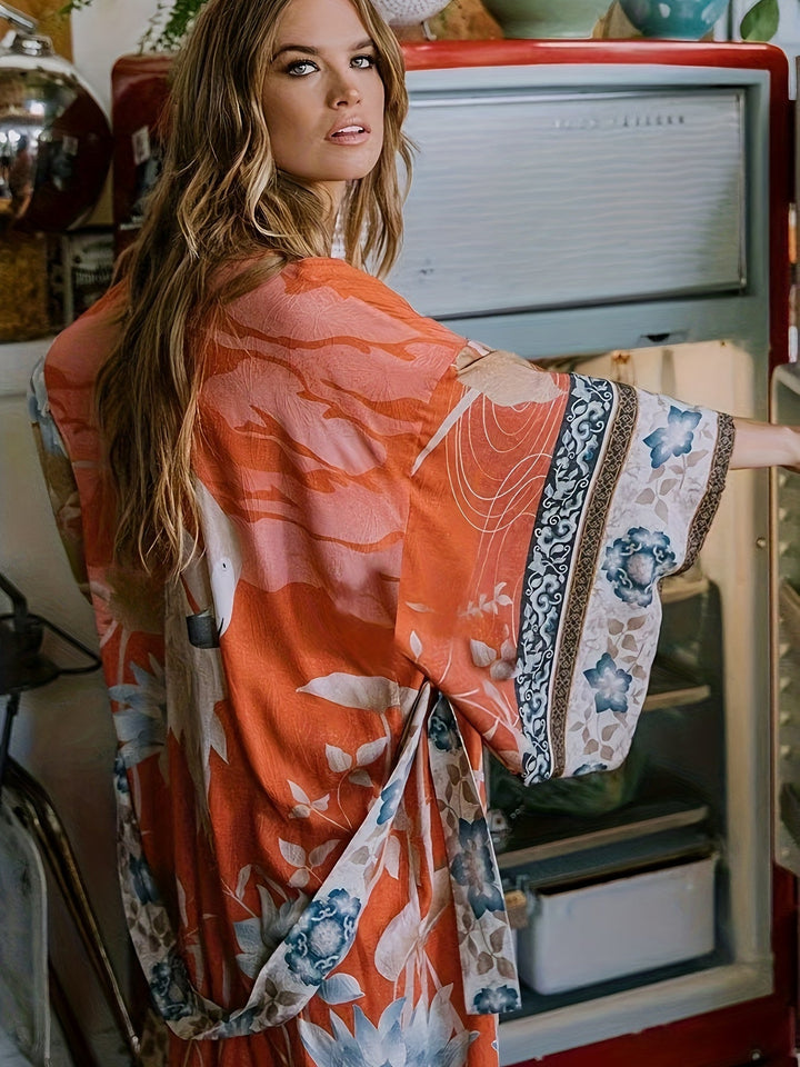 Boho chic women's floral print kimono. Ideal lightweight resort wear & beach cover-up for vacation style.