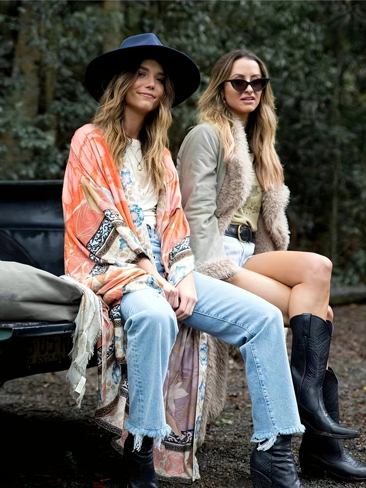 Open front women's floral kimono, lightweight & breathable. Essential summer fashion beach cover-up for travel.