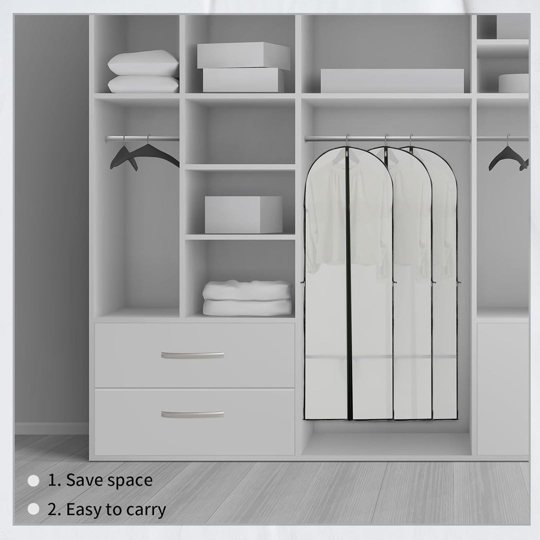Clear dust cover for long dresses. Garment storage bag for gowns. Perfect for home wardrobe & travel protection.