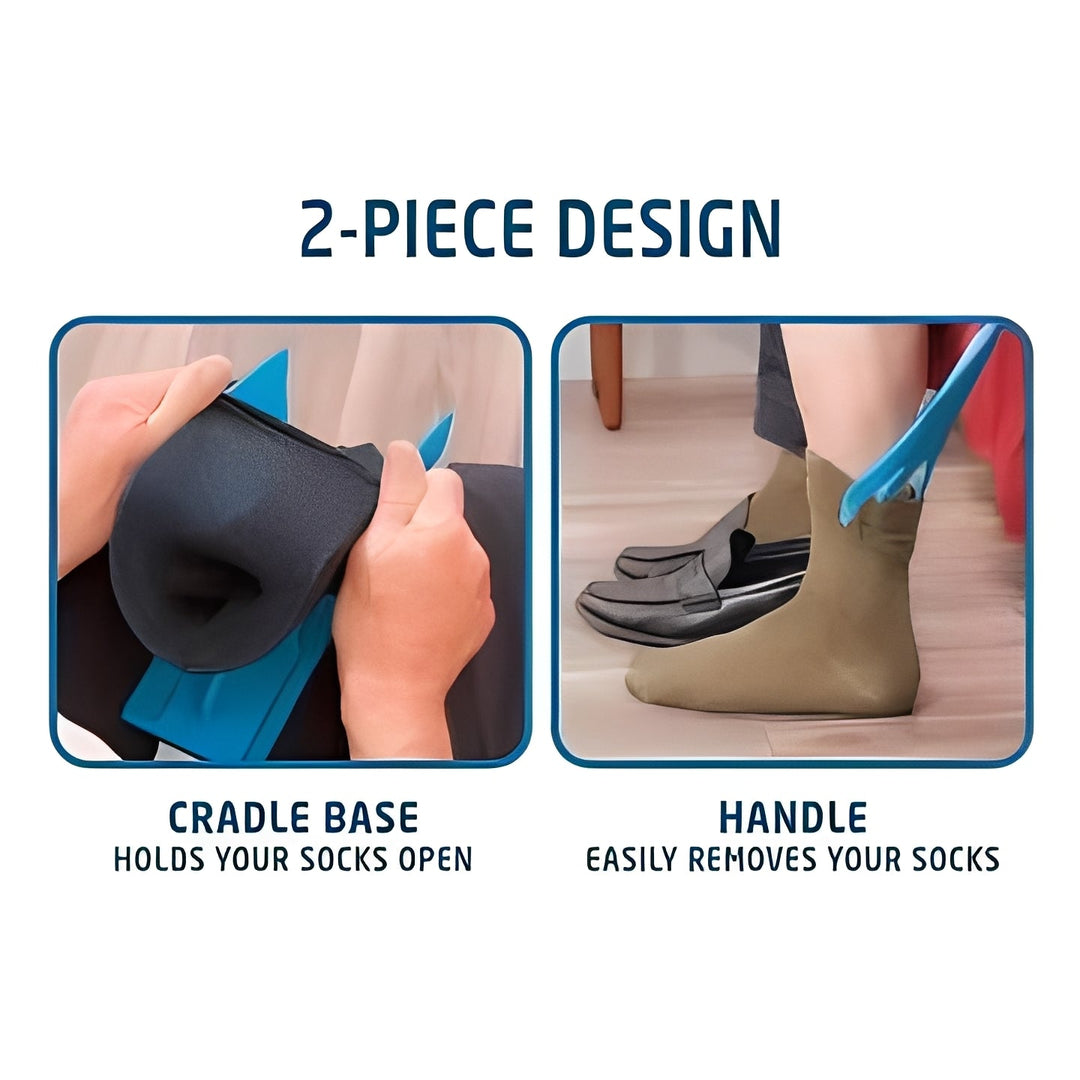 Durable long handle sock aid with contoured design for simple, pain-free sock and compression sock application.