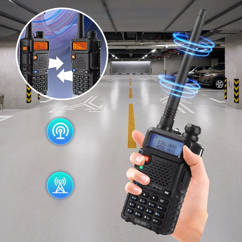 Handheld walkie talkie demonstrating its compact size, perfect for any outdoor adventure