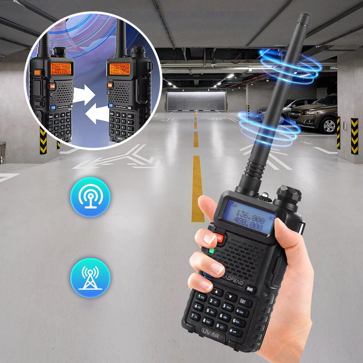 Handheld walkie talkie demonstrating its compact size, perfect for any outdoor adventure