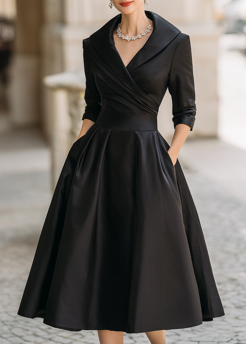 Lustrous women's midi dress with elegant draped collar, A-line silhouette, and practical pockets.